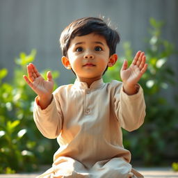 A heartwarming image of a young boy kneeling in prayer, with his hands raised towards the sky in supplication to God