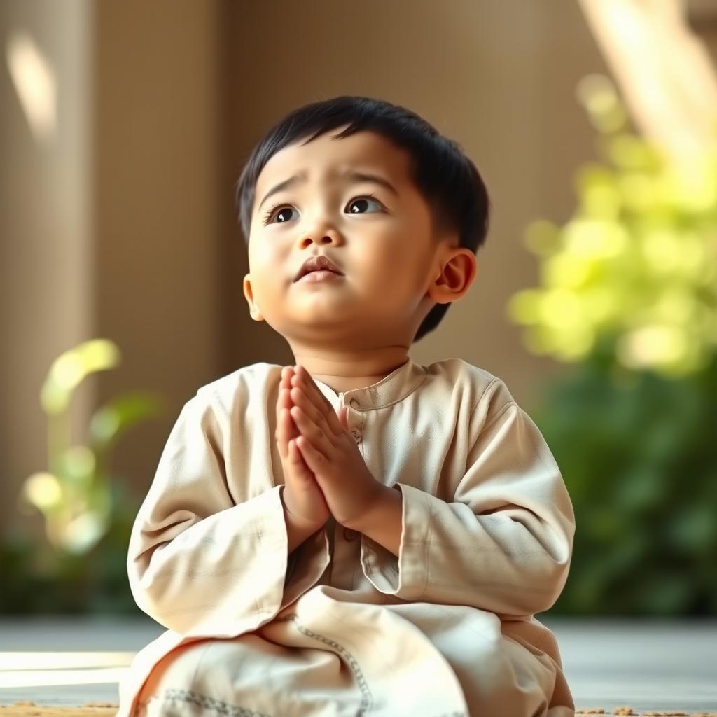 A heartwarming image of a young boy kneeling in prayer, with his hands raised towards the sky in supplication to God