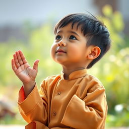 A heartwarming image of a young boy kneeling in prayer, with his hands raised towards the sky in supplication to God