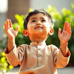A heartwarming image of a young boy kneeling in prayer, with his hands raised towards the sky in supplication to God