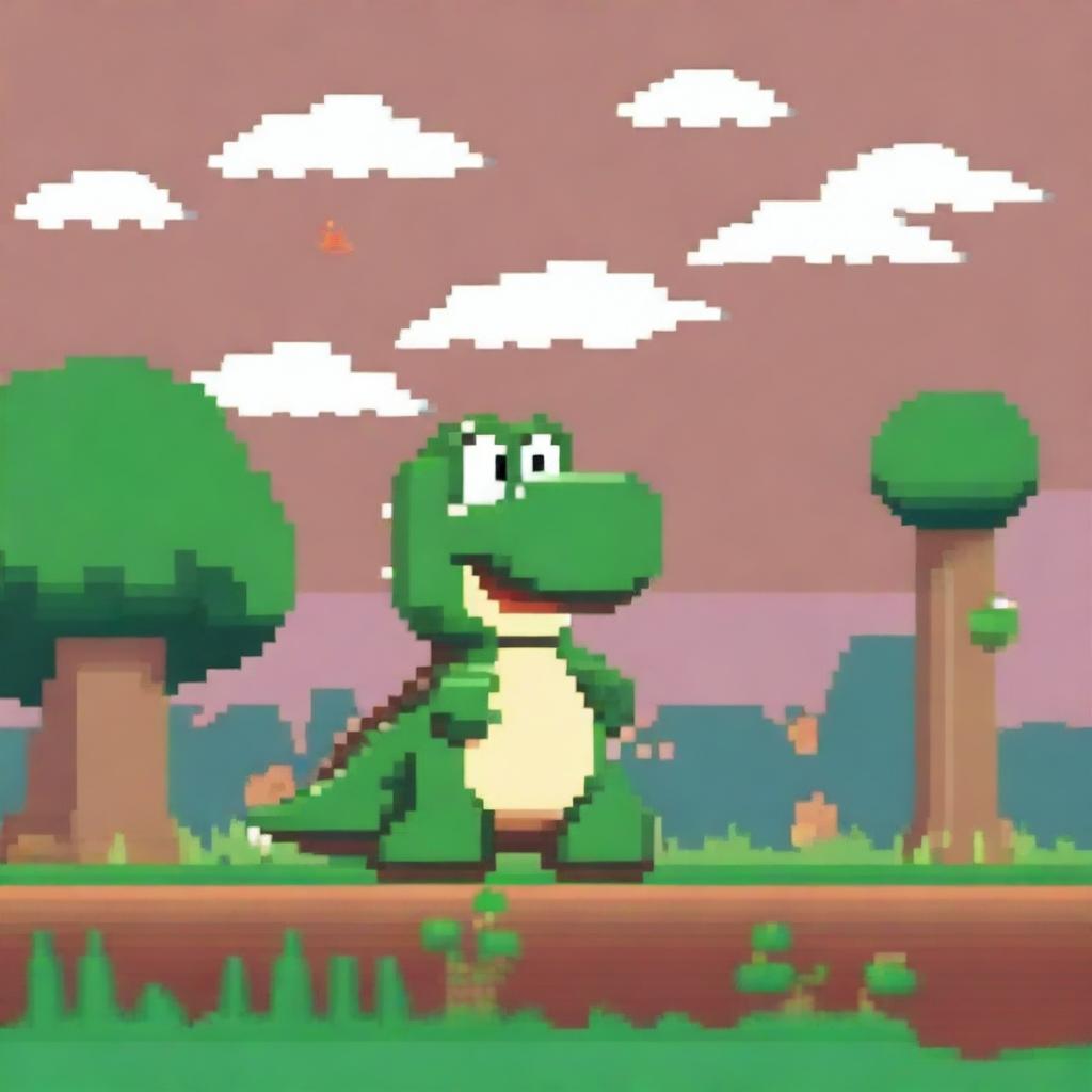 2D side-scrolling game scene featuring Yoshi, the dinosaur from the Mario Bros universe