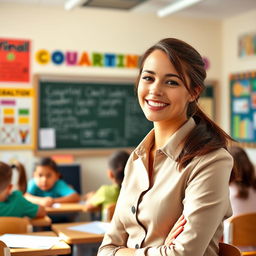 A young female teacher with a tan complexion and brown hair styled in a low ponytail