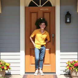 A cheerful human being standing outside a closed door, smiling warmly while knocking on it
