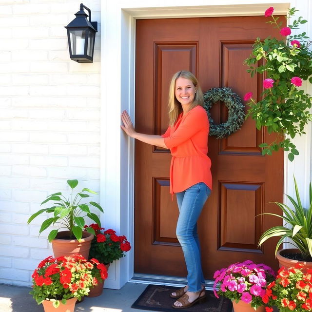 A cheerful human being standing outside a closed door, smiling warmly while knocking on it