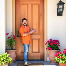 A cheerful human being standing outside a closed door, smiling warmly while knocking on it
