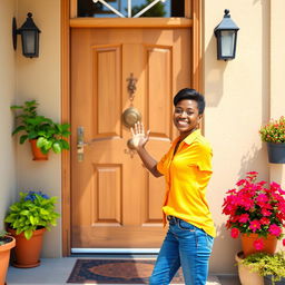 A cheerful human being standing outside a closed door, smiling warmly while knocking on it