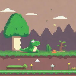 2D side-scrolling game scene featuring Yoshi, the dinosaur from the Mario Bros universe