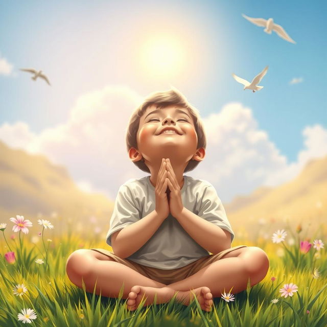 A young boy in a joyful, peaceful setting, with a serene expression on his face, sitting cross-legged on a grassy field, eyes closed, hands clasped in prayer, looking upwards as if communicating with God