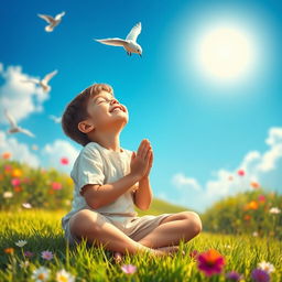 A young boy in a joyful, peaceful setting, with a serene expression on his face, sitting cross-legged on a grassy field, eyes closed, hands clasped in prayer, looking upwards as if communicating with God
