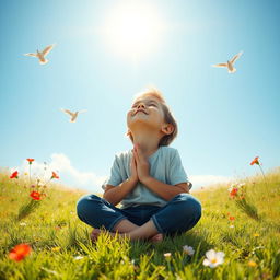 A young boy in a joyful, peaceful setting, with a serene expression on his face, sitting cross-legged on a grassy field, eyes closed, hands clasped in prayer, looking upwards as if communicating with God