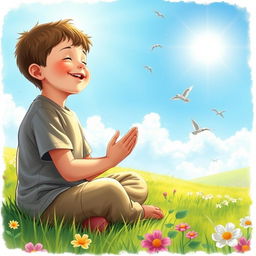 A young boy in a joyful, peaceful setting, with a serene expression on his face, sitting cross-legged on a grassy field, eyes closed, hands clasped in prayer, looking upwards as if communicating with God