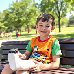 A young boy, around 10 years old, sitting on a park bench with a bright blue cast on his right foot