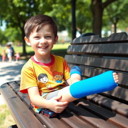 A young boy, around 10 years old, sitting on a park bench with a bright blue cast on his right foot