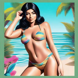 A high-quality digital art image of Kylie Jenner, the renowned celebrity, gracefully posing in a stylish bikini