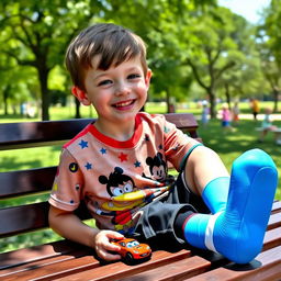 A young boy, around 10 years old, sitting on a park bench with a bright blue cast on his right foot