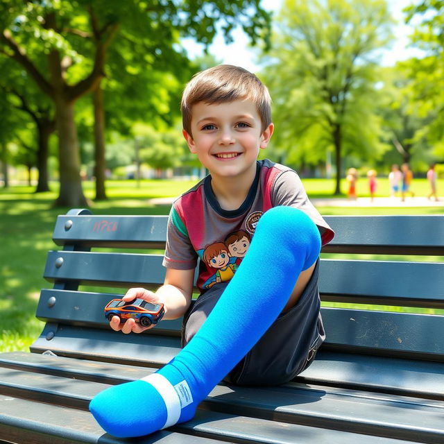 A young boy, around 10 years old, sitting on a park bench with a bright blue cast on his right foot