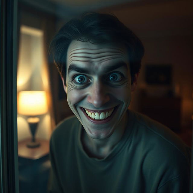 A normal human being with an unsettling, creepy smile, peeping through a window