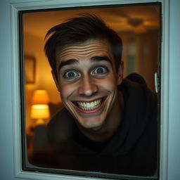 A normal human being with an unsettling, creepy smile, peeping through a window