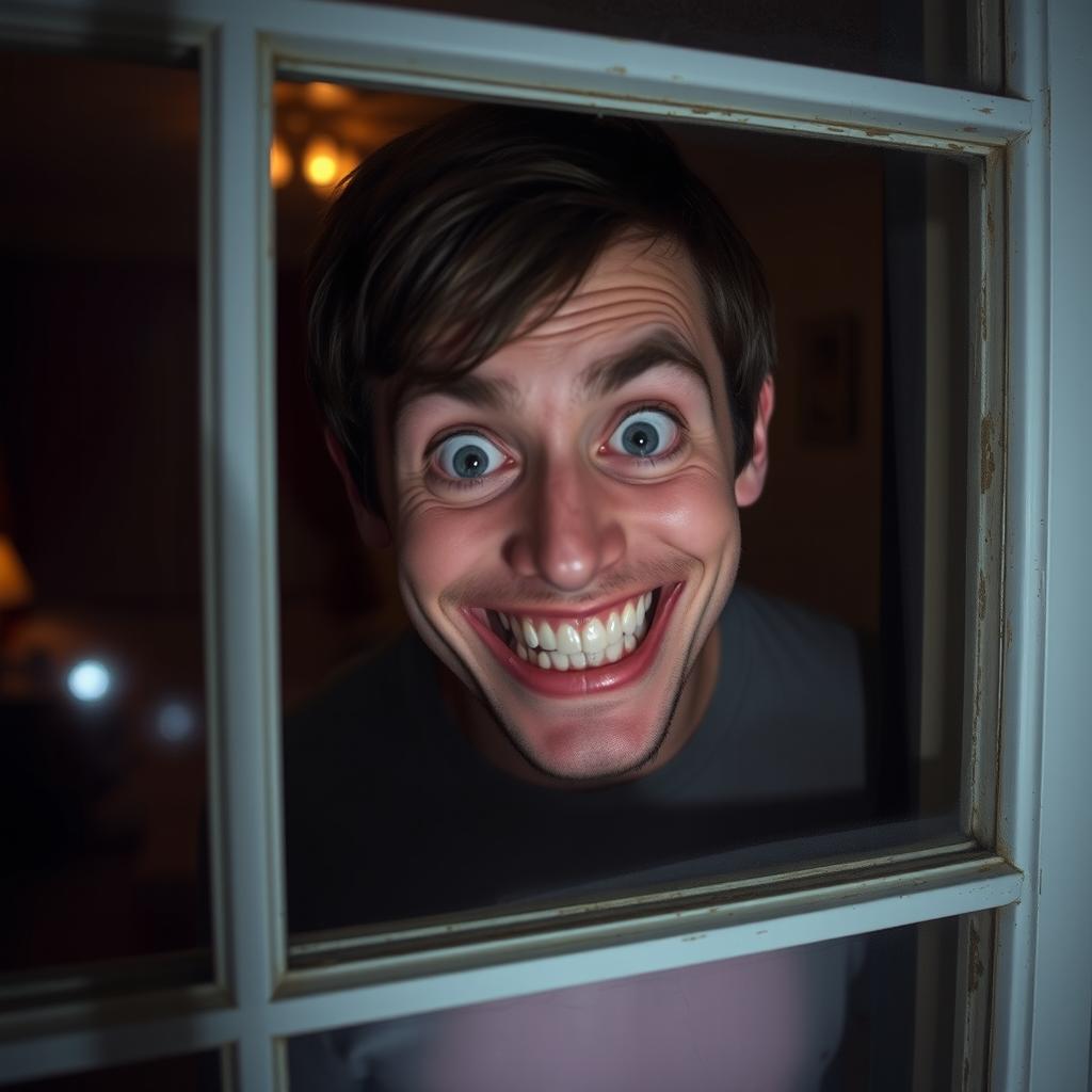 A normal human being with an unsettling, creepy smile, peeping through a window