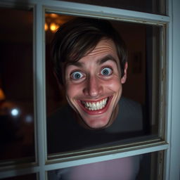 A normal human being with an unsettling, creepy smile, peeping through a window