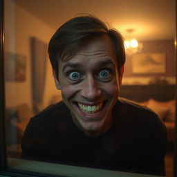 A normal human being with an unsettling, creepy smile, peeping through a window
