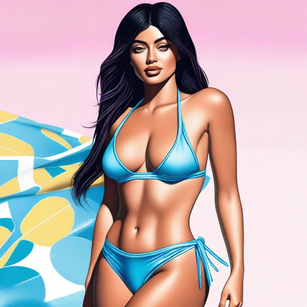 A high-quality digital art image of Kylie Jenner, the renowned celebrity, gracefully posing in a stylish bikini