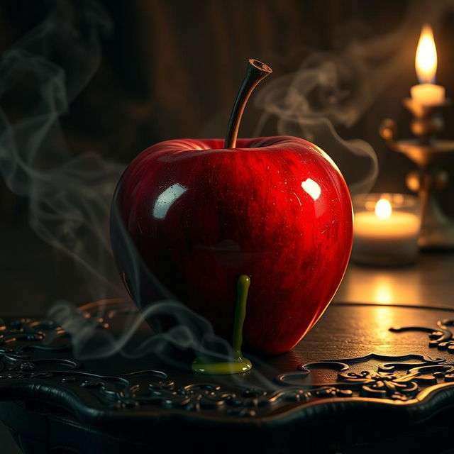 A beautifully crafted poisoned apple, glistening with a rich, deep red color, resting on an ornate, dark wooden table