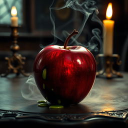 A beautifully crafted poisoned apple, glistening with a rich, deep red color, resting on an ornate, dark wooden table
