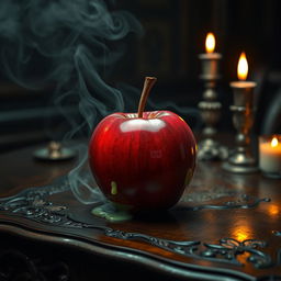 A beautifully crafted poisoned apple, glistening with a rich, deep red color, resting on an ornate, dark wooden table