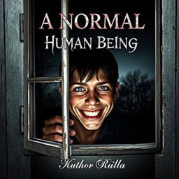 A captivating book cover design featuring a normal human being with an unsettlingly creepy smile, peeping through a window