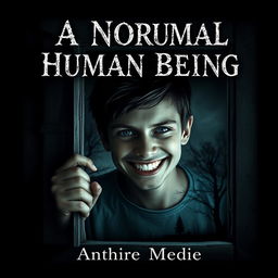 A captivating book cover design featuring a normal human being with an unsettlingly creepy smile, peeping through a window
