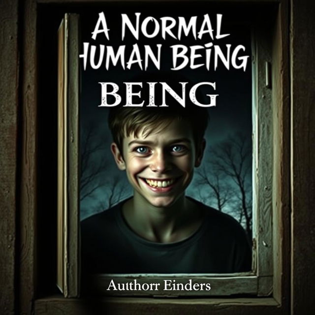 A captivating book cover design featuring a normal human being with an unsettlingly creepy smile, peeping through a window