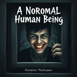 A captivating book cover design featuring a normal human being with an unsettlingly creepy smile, peeping through a window