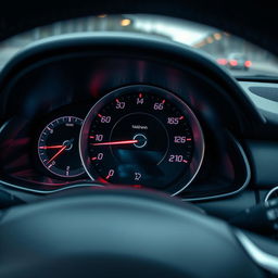 A close-up shot of a car's speedometer showing the needle precisely at 140 km/h
