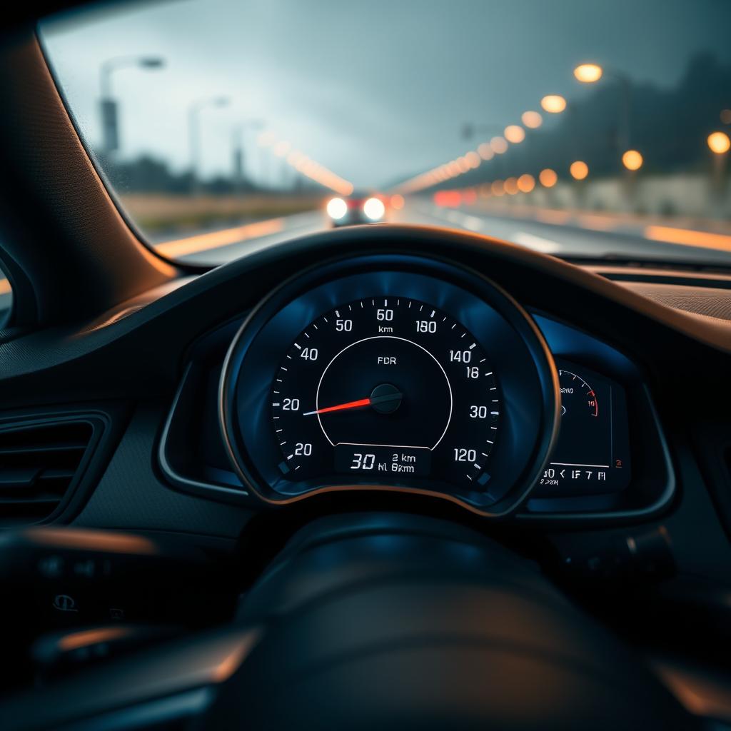 A close-up shot of a car's speedometer showing the needle precisely at 140 km/h