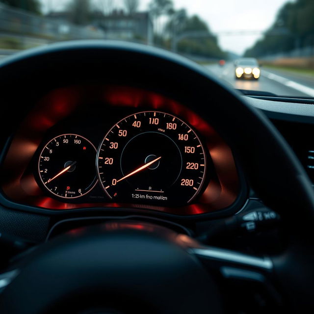 A close-up shot of a car's speedometer showing the needle precisely at 140 km/h