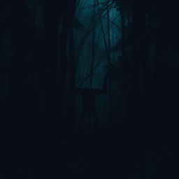 A dark forest scene with dense trees and an eerie atmosphere