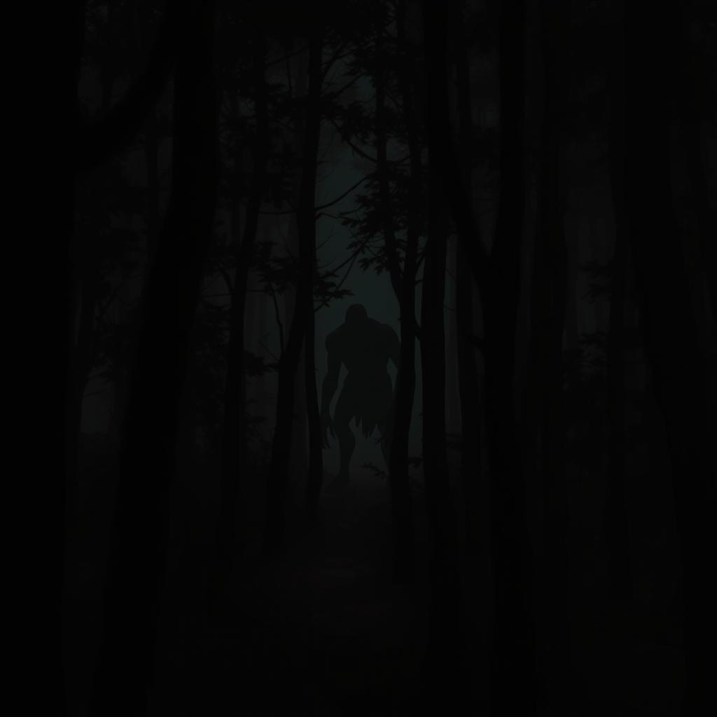 A dark forest scene with dense trees and an eerie atmosphere