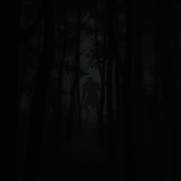 A dark forest scene with dense trees and an eerie atmosphere