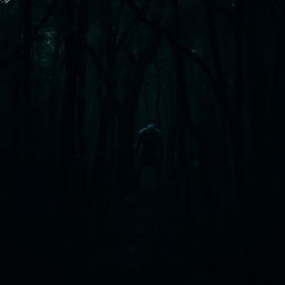 A dark forest scene with dense trees and an eerie atmosphere