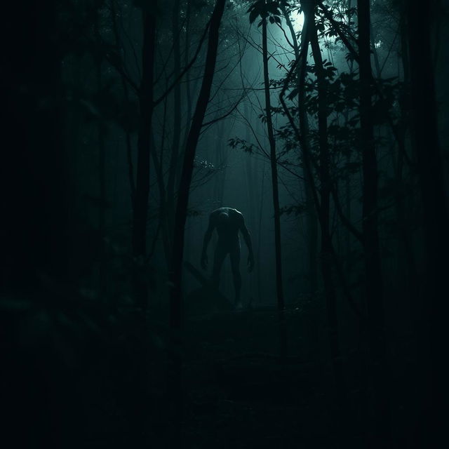 A dark forest scene with dense trees and an eerie atmosphere