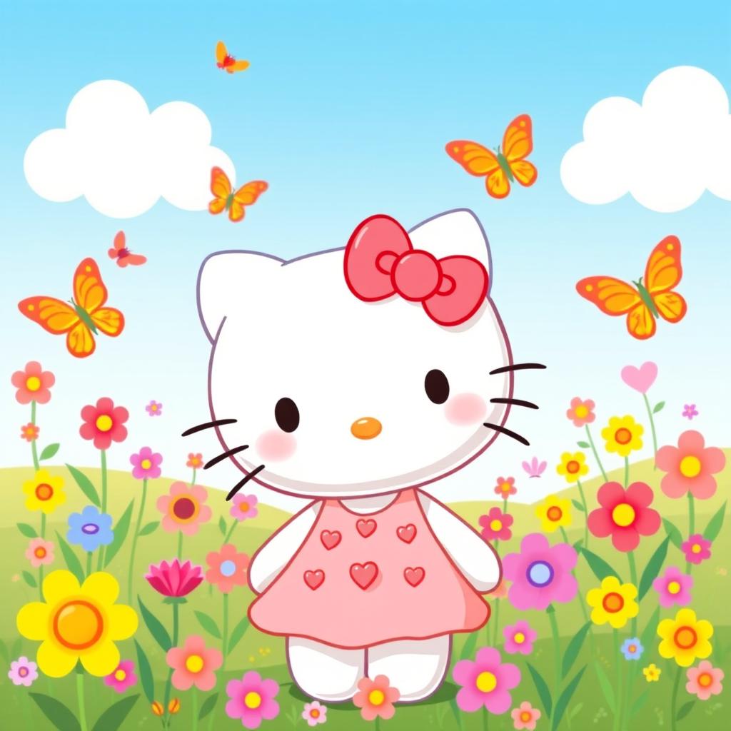 A cute and whimsical illustration of Hello Kitty, the iconic white cat character with her signature red bow on the left ear, standing in a vibrant spring setting full of colorful flowers and butterflies