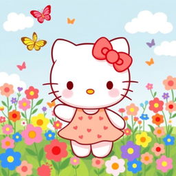 A cute and whimsical illustration of Hello Kitty, the iconic white cat character with her signature red bow on the left ear, standing in a vibrant spring setting full of colorful flowers and butterflies