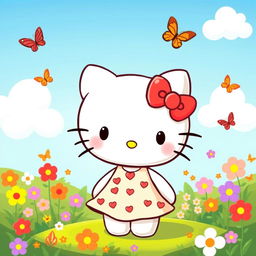 A cute and whimsical illustration of Hello Kitty, the iconic white cat character with her signature red bow on the left ear, standing in a vibrant spring setting full of colorful flowers and butterflies