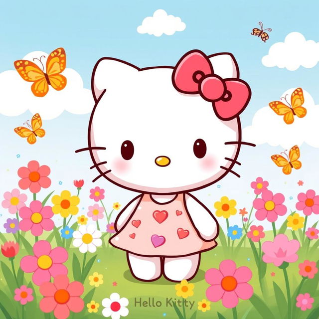 A cute and whimsical illustration of Hello Kitty, the iconic white cat character with her signature red bow on the left ear, standing in a vibrant spring setting full of colorful flowers and butterflies