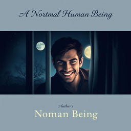 A captivating book cover design featuring a normal human being with a mysterious smile, peeping through a window