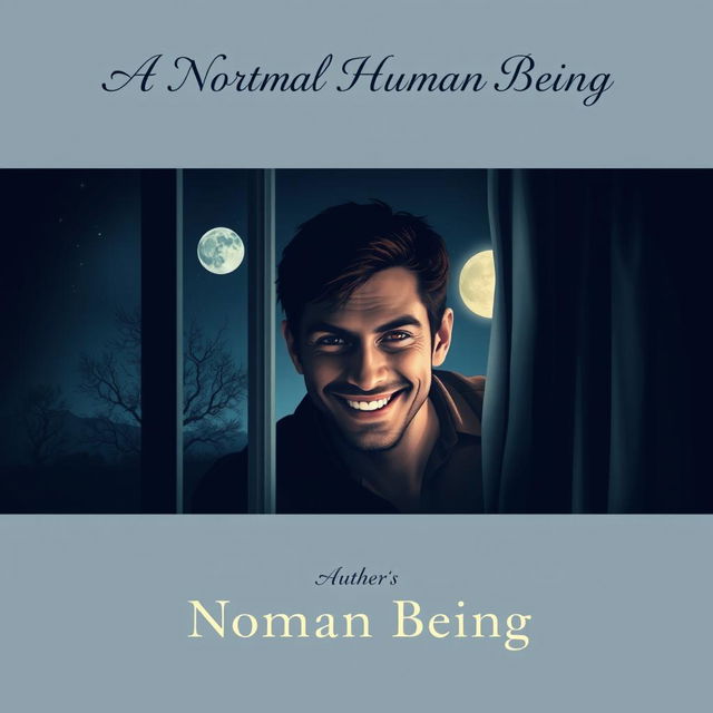 A captivating book cover design featuring a normal human being with a mysterious smile, peeping through a window