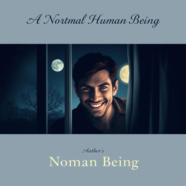 A captivating book cover design featuring a normal human being with a mysterious smile, peeping through a window