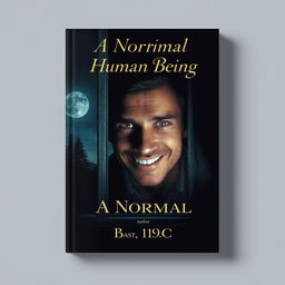 A captivating book cover design featuring a normal human being with a mysterious smile, peeping through a window