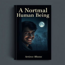 A captivating book cover design featuring a normal human being with a mysterious smile, peeping through a window